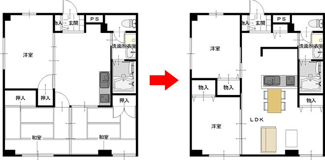 ３ＤＫ　→　 ２ＬＤＫ　間取図