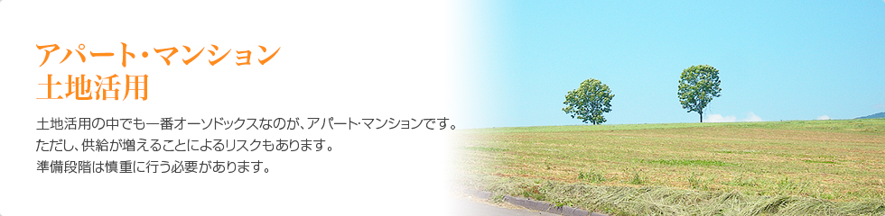 アパート・マンション土地活用　土地活用の中でも一番オーソドックスなのが、アパート・マンションです。ただし、供給が増えることによるリスクもあります。準備段階は慎重に行う必要があります。